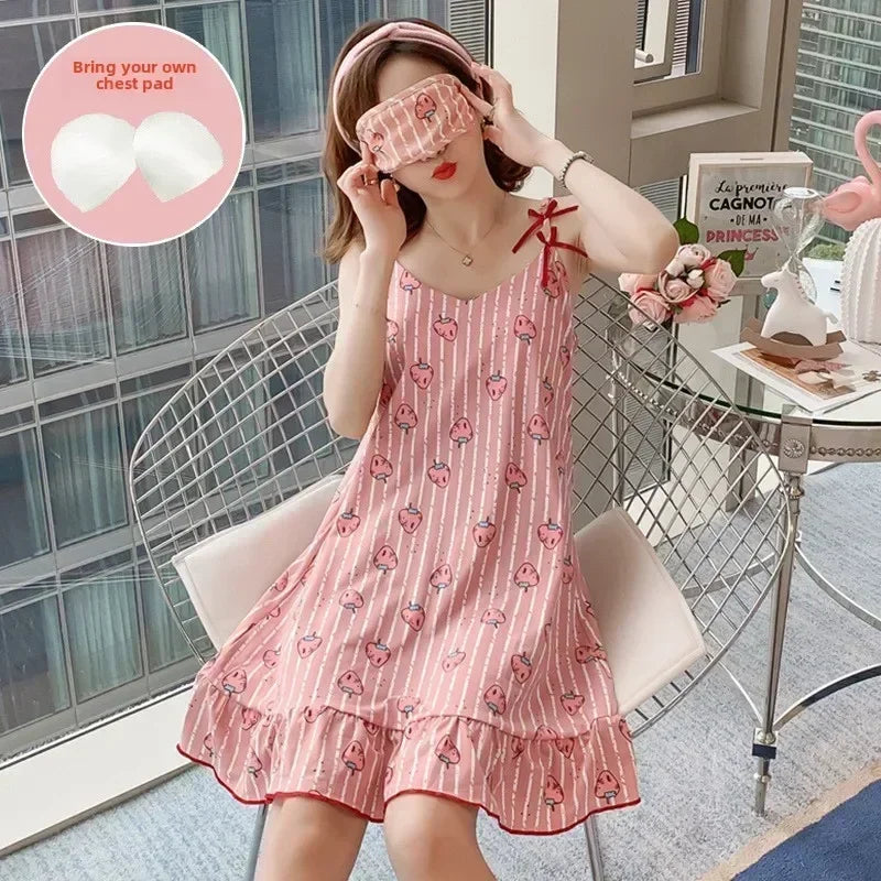 Women’s Cartoon Animal Pajama Set - Cute Loose Sling Nightgown with Bra Pad & Free Eye Mask for Sleepwear