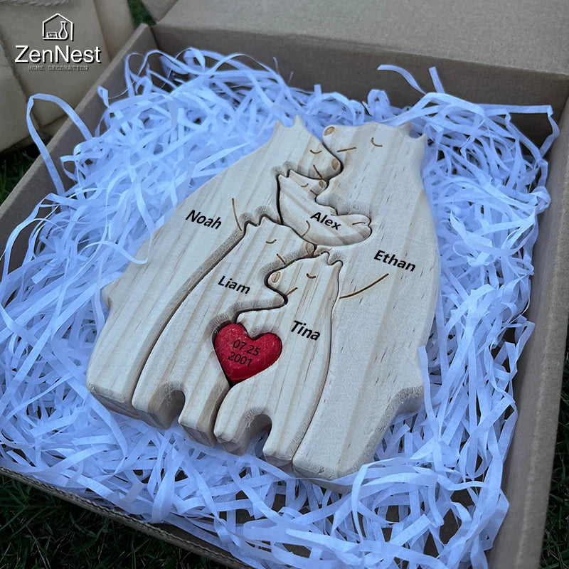 Personalized Wooden Bear Family Puzzle – Custom Name Home Decor, Thanksgiving & Christmas Gift for Mom & Baby