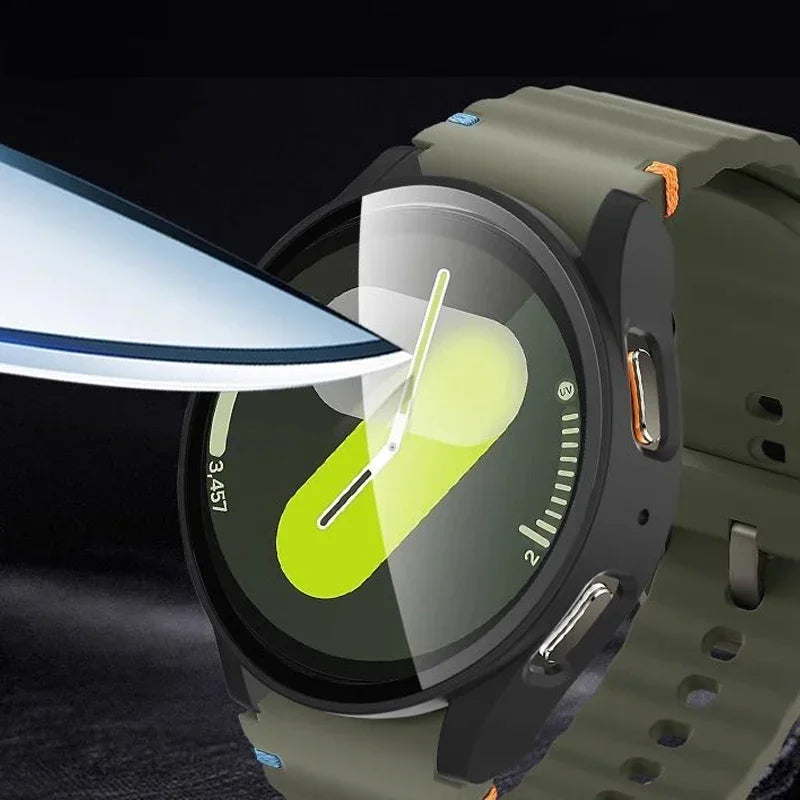 Samsung Galaxy Watch Tempered Glass Screen Protector Case - Full Bumper PC Cover for Galaxy Watch 7/6/5/4/FE 40mm & 44mm