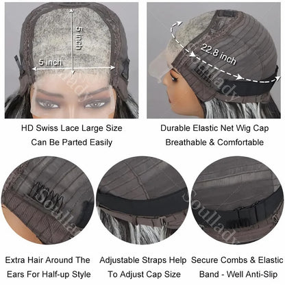Soul Lady Salt & Pepper 5x5 Glueless HD Lace Closure Wig – Body Wave Bob, Silver Grey Loose Wave Human Hair for Black Women