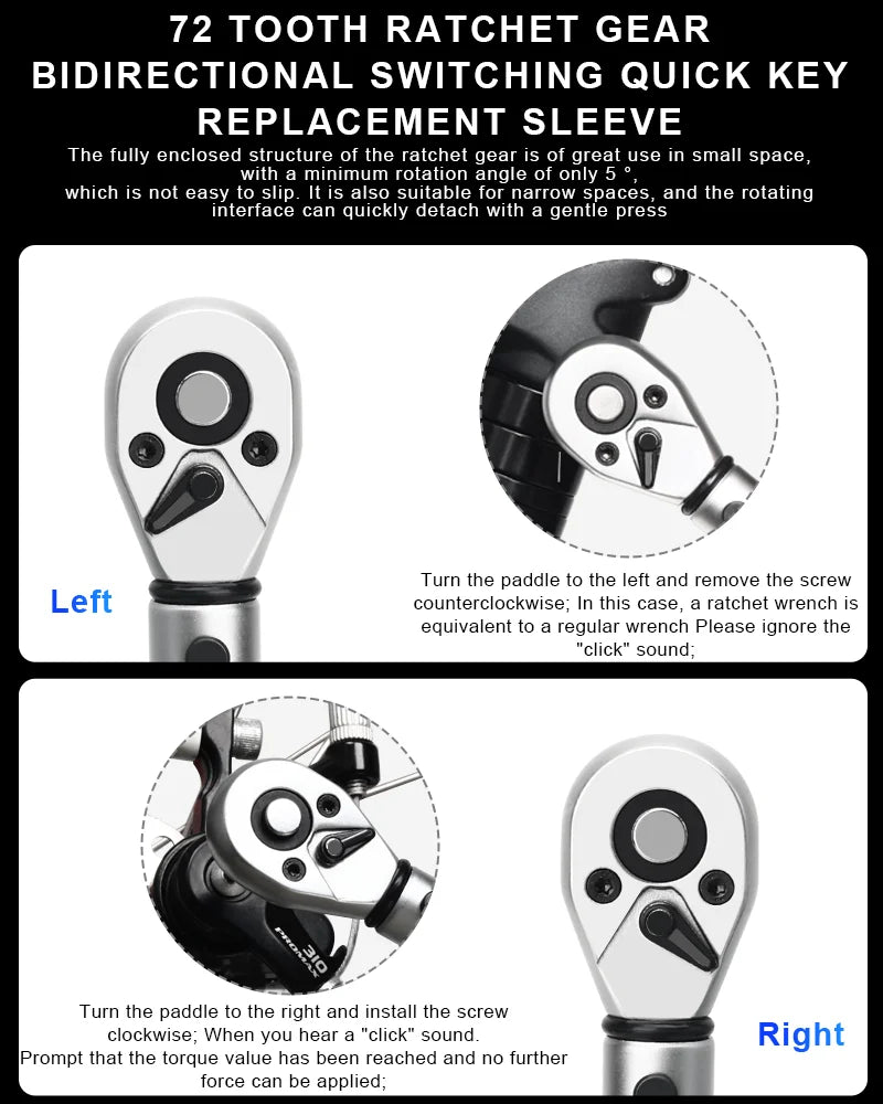 RIDERACE 15PCS Bicycle Torque Wrench Set | 1/4" 2-24Nm Dual Direction Allen Key & Socket Spanner Kit