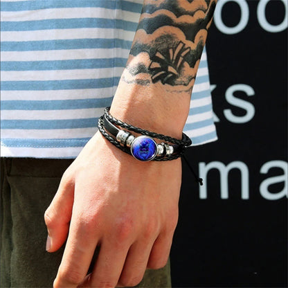 Men’s Zodiac Sign Leather Bracelet | 12 Constellation Black Braided Wrap | Punk Style Multilayer Bracelet for Birthday Gifts