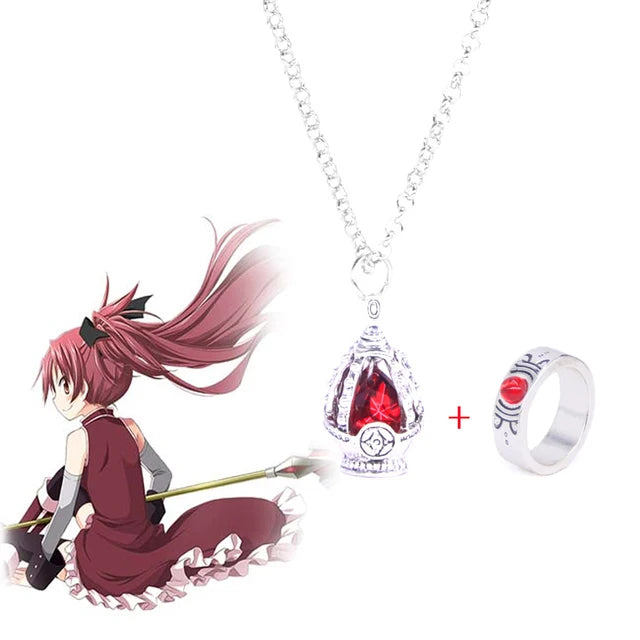 Puella Magi Madoka Magica Soul Gem Jewelry Set - Anime Cosplay Pendant Necklace and Ring Accessories for Kaname Madoka and Miki Sayaka Fans