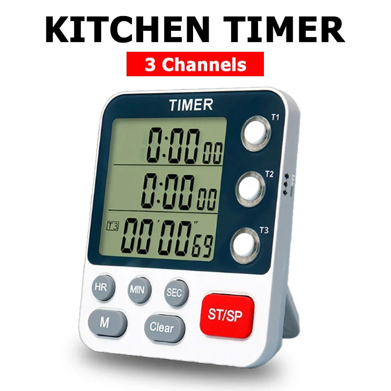 3 Channel Digital Kitchen Timer – Count Up/Down with LCD Display, Adjustable Volume & Mute Flashing Alarm