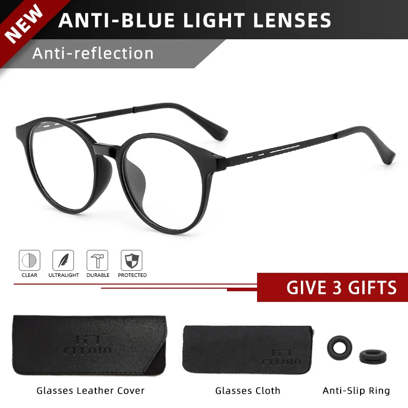 CLLOIO Ultra-Light TR90 Round Blue Light Blocking Reading Glasses, Unisex Titanium Frame for Myopia & Hyperopia Prescription Eyewear (+1.56)