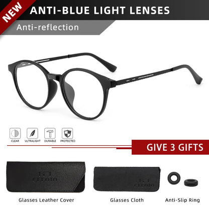 CLLOIO Ultra-Light TR90 Round Blue Light Blocking Reading Glasses, Unisex Titanium Frame for Myopia & Hyperopia Prescription Eyewear (+1.56)