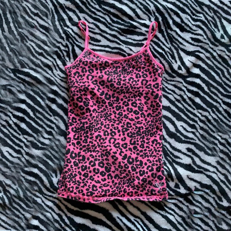 Leopard Pink Suspender Crop Top – Y2K Streetwear Emo Girl Harajuku Hip Hop Casual Women's Top