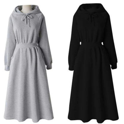 Women's Hooded Maxi Dress - Autumn Winter Long Sleeve Cotton Pullover A-Line Ribbed Dress