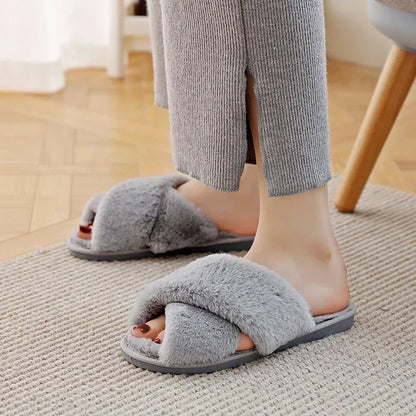 Winter Women’s House Slippers – Faux Fur Slip-On Flats, Cozy Warm Home Slides in Black & Pink