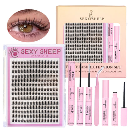 DIY Eyelash Extension Kit – D Curl Natural Lash Clusters Set with Bond, Seal, Remover & Tweezers for False Lash Application