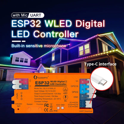 GLEDOPTO ESP32 WLED LED Controller for RGBIC Strip Lights, Built-in Microphone Music Sync, DIY Dynamic Effects, Type-C UART, App Control & Alexa Voice Compatible
