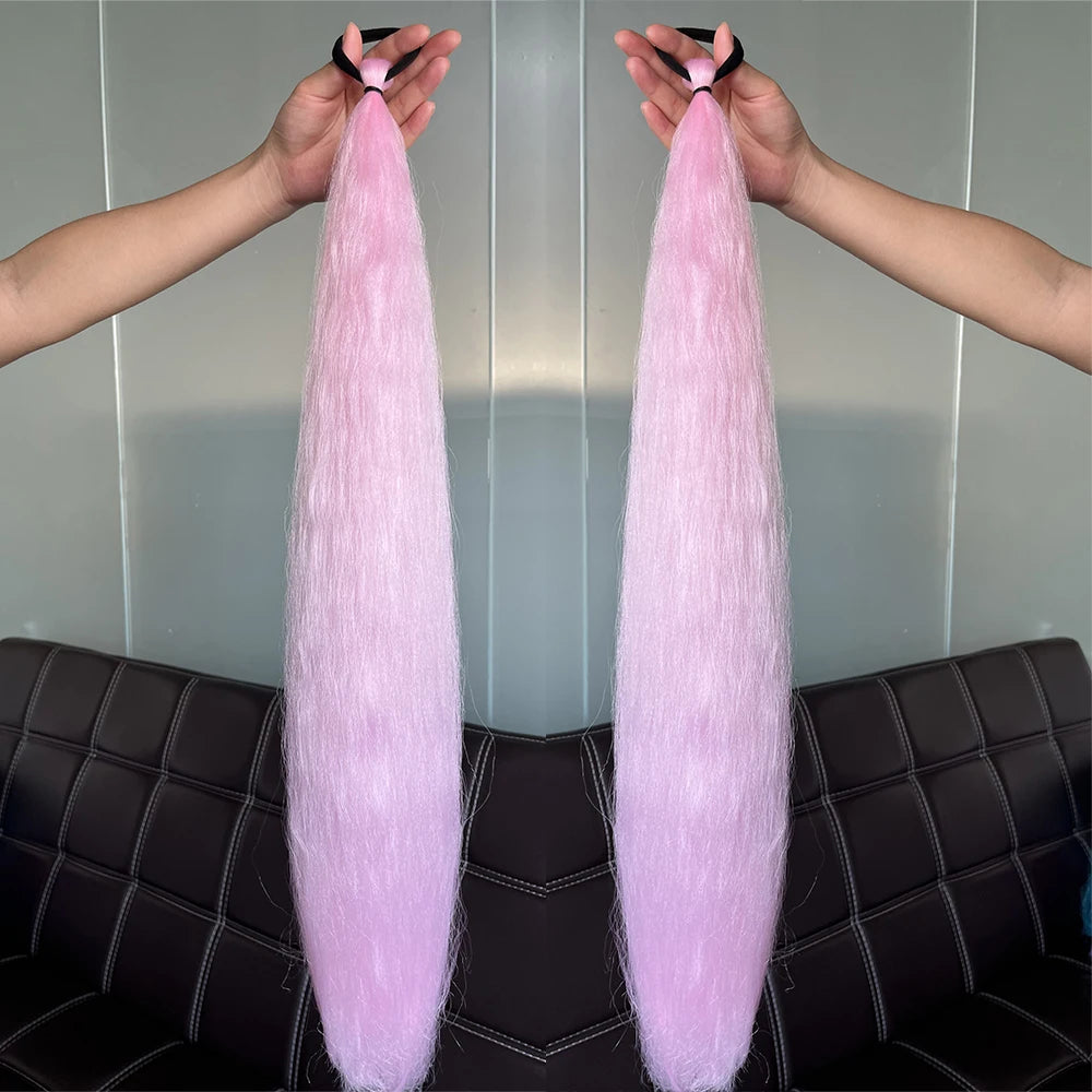 2PCS Synthetic Straight Ponytail Hair Extensions – Colorful Braiding with Elastic Hair Tie for Women