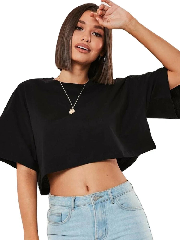 Women’s Cotton Crop Top Sports T-Shirt – Short Sleeve Yoga, Running & Gym Fitness Workout Shirt, Loose Fit Activewear