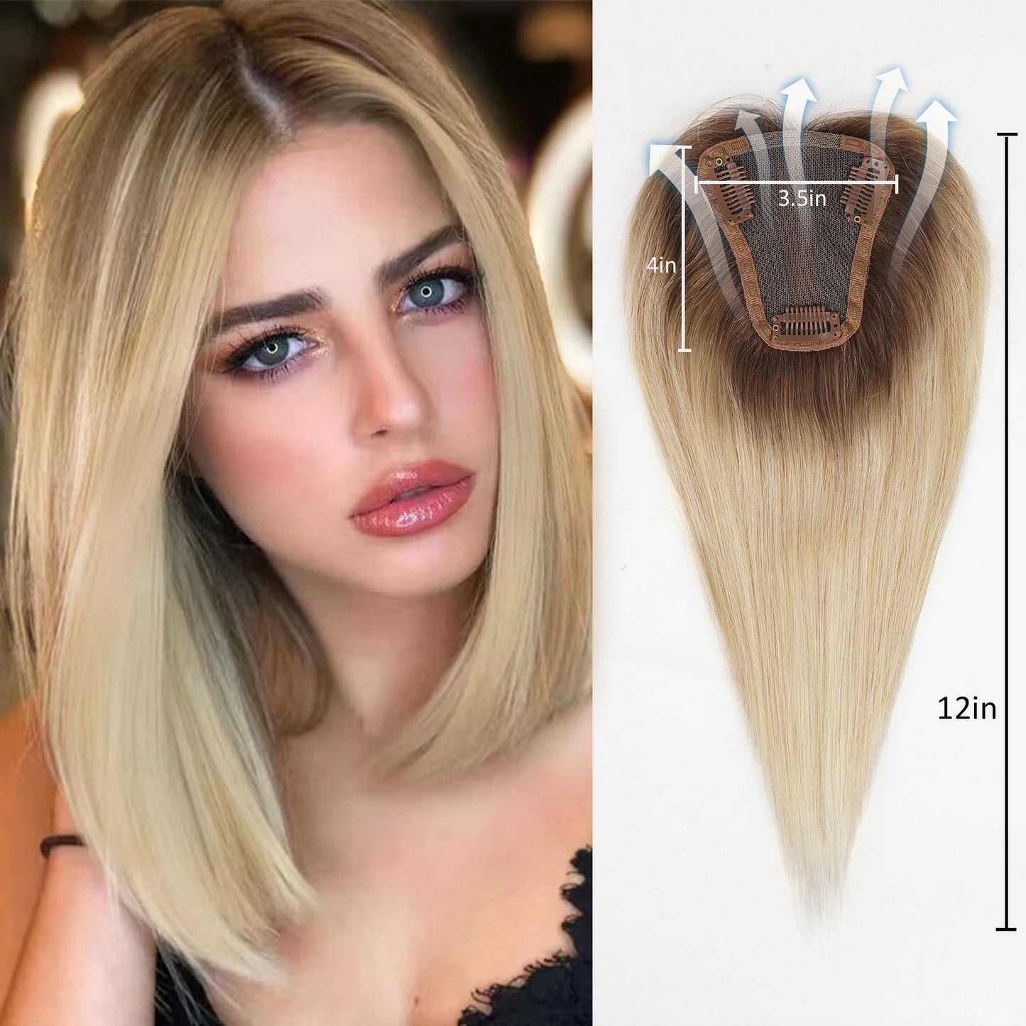 Blonde Brown Ombre Hair Topper – 100% Remy Human Hair, 12" Silk Base, 150% Density, 3-Clip Hairpiece for Women