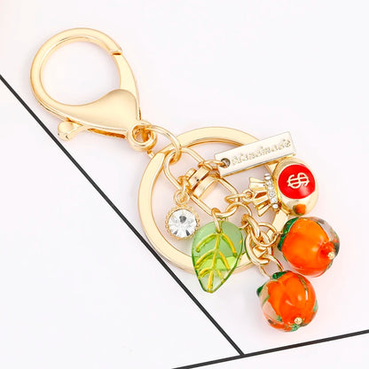 EASYA Vintage Imitation Fruit Charm Keychain – Lemon, Persimmon & Strawberry Glass Pendant, Luxury Jewelry for Women