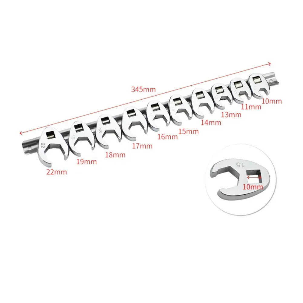 10pcs 3/8" Drive Crowfoot Wrench Set — 10-22mm Metric Open-End Spanners for Torque Wrenches