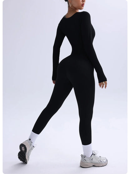 Women’s One-Piece Yoga Jumpsuit – Black Long-Sleeve Bodysuit, Sexy Streetwear & Casual Sportswear