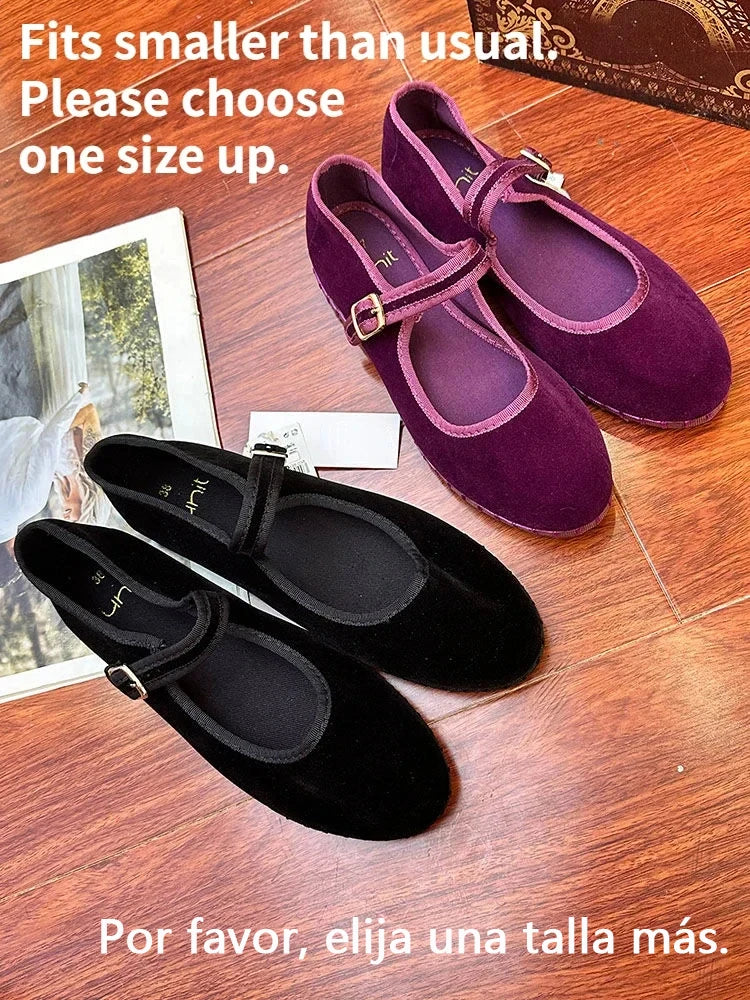 Women's Velvet Mary Jane Shoes – Hand-Stitched Ballet Flats, Casual Streetwear Loafers in Solid Colors