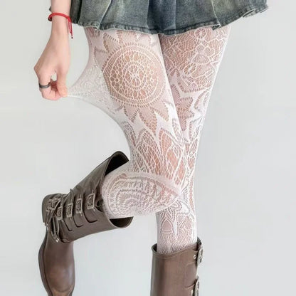 Black & Red Flower Lolita Women’s Socks – Classic Lace Mesh Pantyhose Tights with Rattan Stocking Design