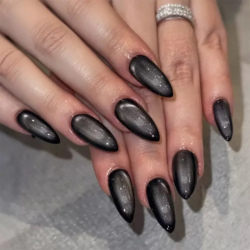24PCS Glossy Red Cat Eye Press-On Nails Almond Full Cover Reusable Fake Nail Set