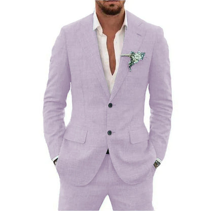 Men's Linen Suit Set - Slim Fit Notched Lapel 2 Piece Wedding & Beach Tuxedo Outfit For Summer Casual Formal Wear