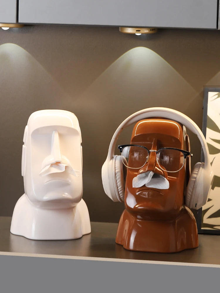 Miniso Moai Stone Statue Tissue Box & Glasses Holder – Multifunctional Home Decor Stand
