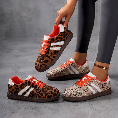 Women’s 2025 Leopard Print Sneakers – Fashionable Outdoor Lace-Up Casual Shoes, Lightweight Comfortable Non-Slip Flats