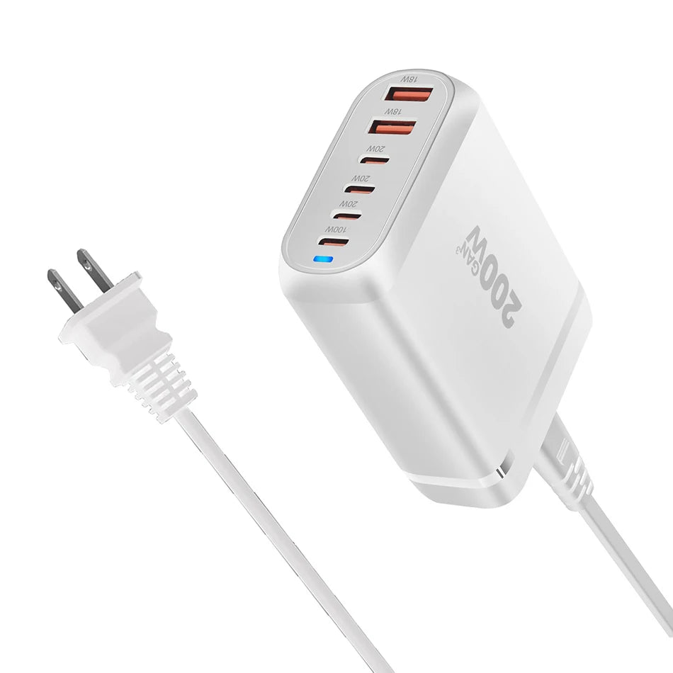 UHOMEBUY 200W GaN Desktop Charger - 6-Port USB Type C with 100W PD & Quick Charge 3.0 Fast Mobile Charger