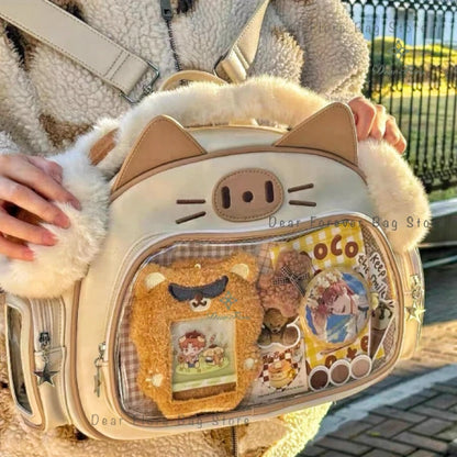 Y2K Korean Kawaii Cat Ita Bag — Cute PU Transparent Shoulder & Crossbody Bag for Girls, Harajuku Style Backpack