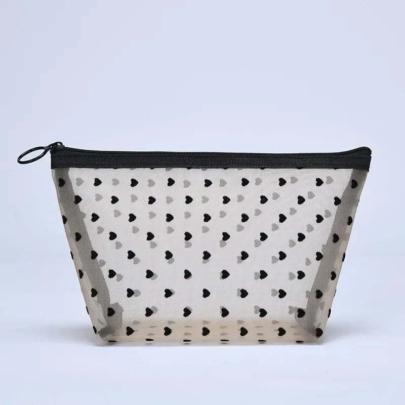 Nylon Mesh Heart-Shaped Cosmetic Bag — Zipper Toiletry & Makeup Organizer Pouch for Women, Multifunctional Lipstick, Key, and Coin Purse