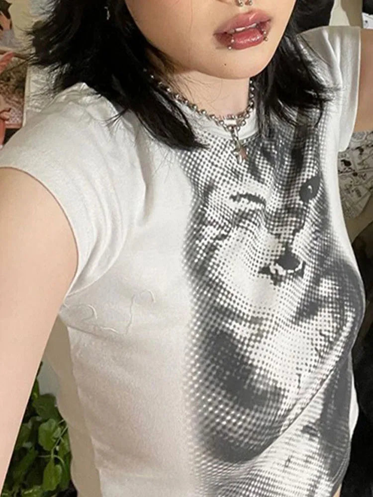 Harajuku Animal Print Crop Top - Women’s Y2K Vintage White Short Sleeve Slim Fit Casual T-Shirt