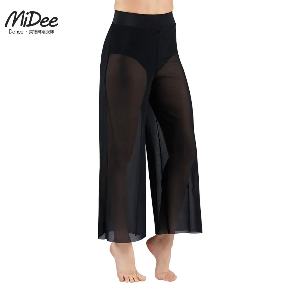 Women’s Lyrical Mesh Wide Leg Dance Pants – High Waist Modern Ballet Palazzo Trousers Contemporary Dance Costume Plus Size