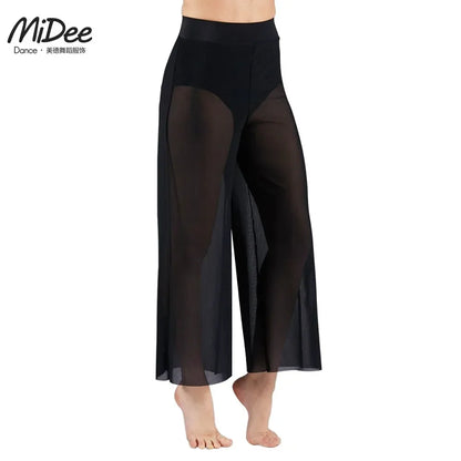Women’s Lyrical Mesh Wide Leg Dance Pants – High Waist Modern Ballet Palazzo Trousers Contemporary Dance Costume Plus Size