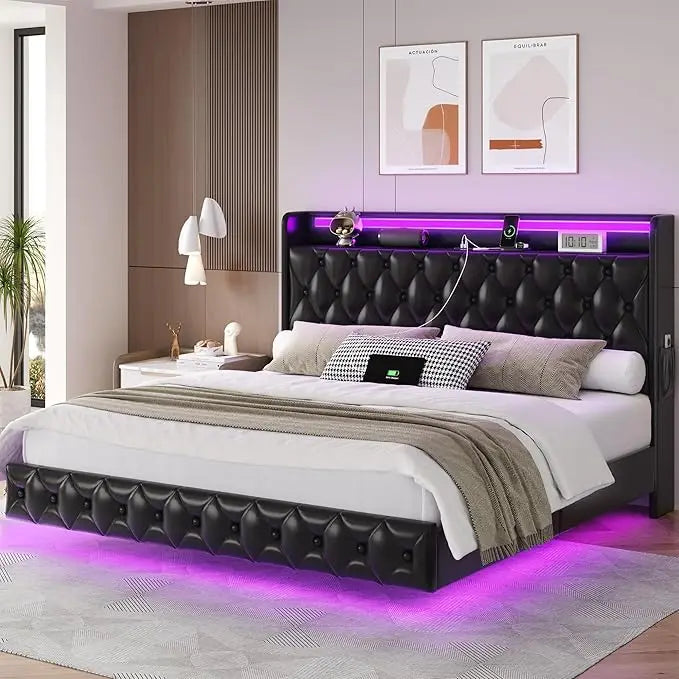 Floating Queen Size Bed Frame – Modern Upholstered Platform Bed with LED Lights, USB Charging Headboard & Velvet Fabric