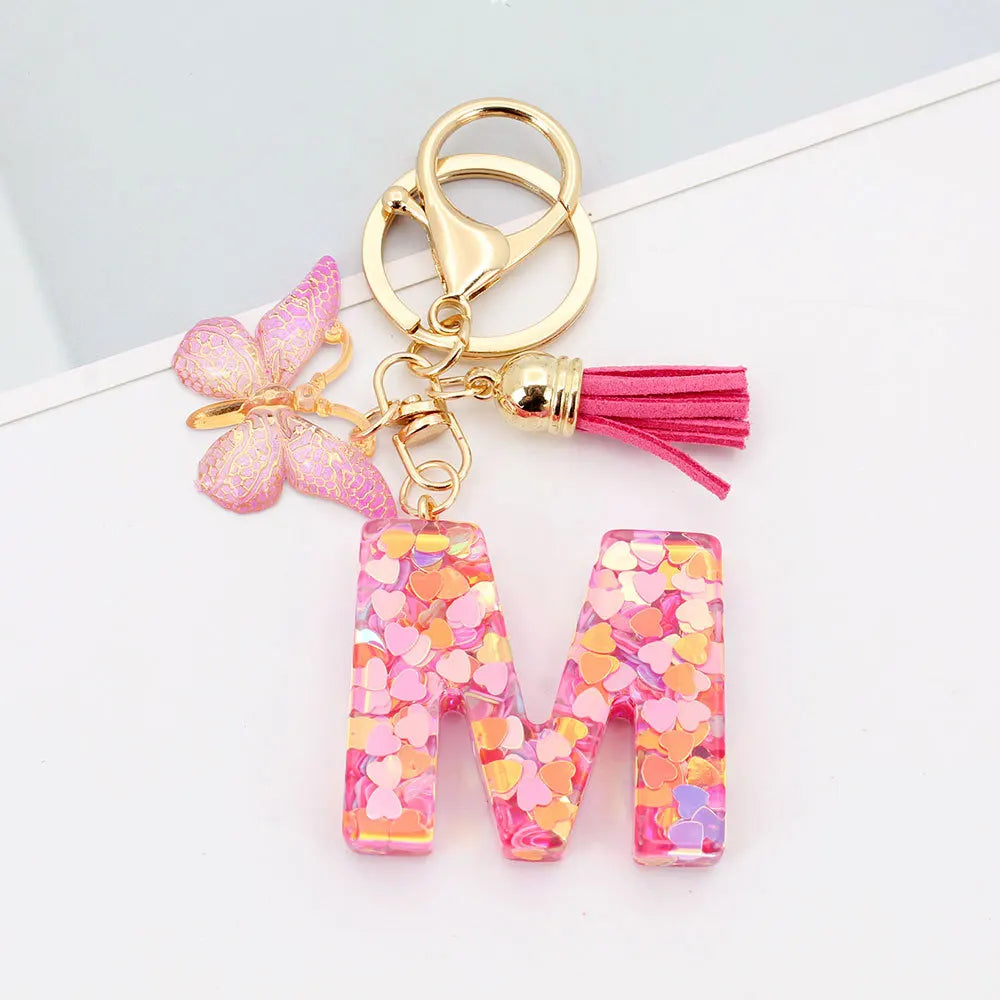 A-Z Letter Acrylic Keychain - Pink Butterfly Tassel Bag Charm & Key Ring