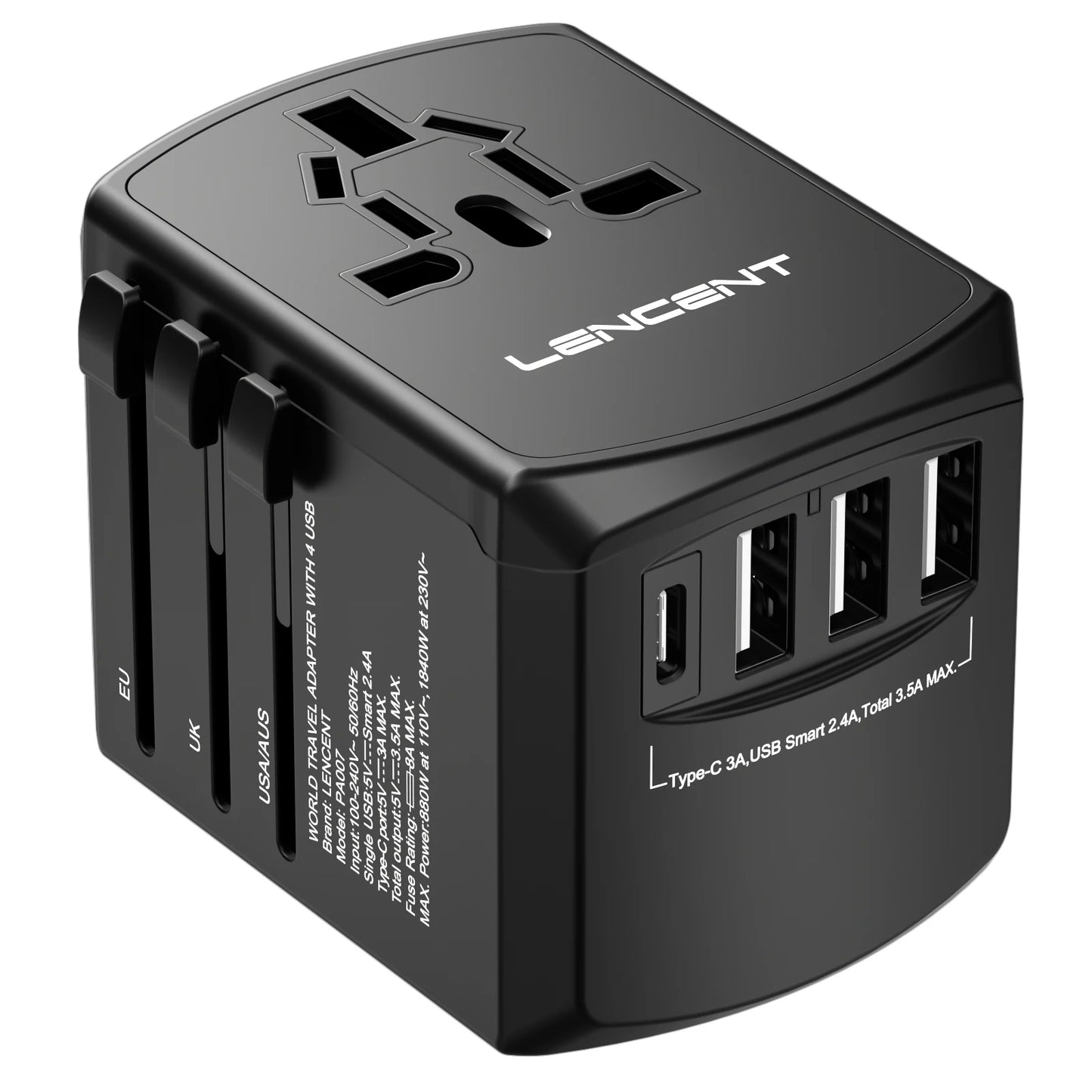 LENCENT International Travel Adapter - All-in-One Wall Charger with 3 USB Ports and 1 Type-C, for US, EU, UK, AUS Travel