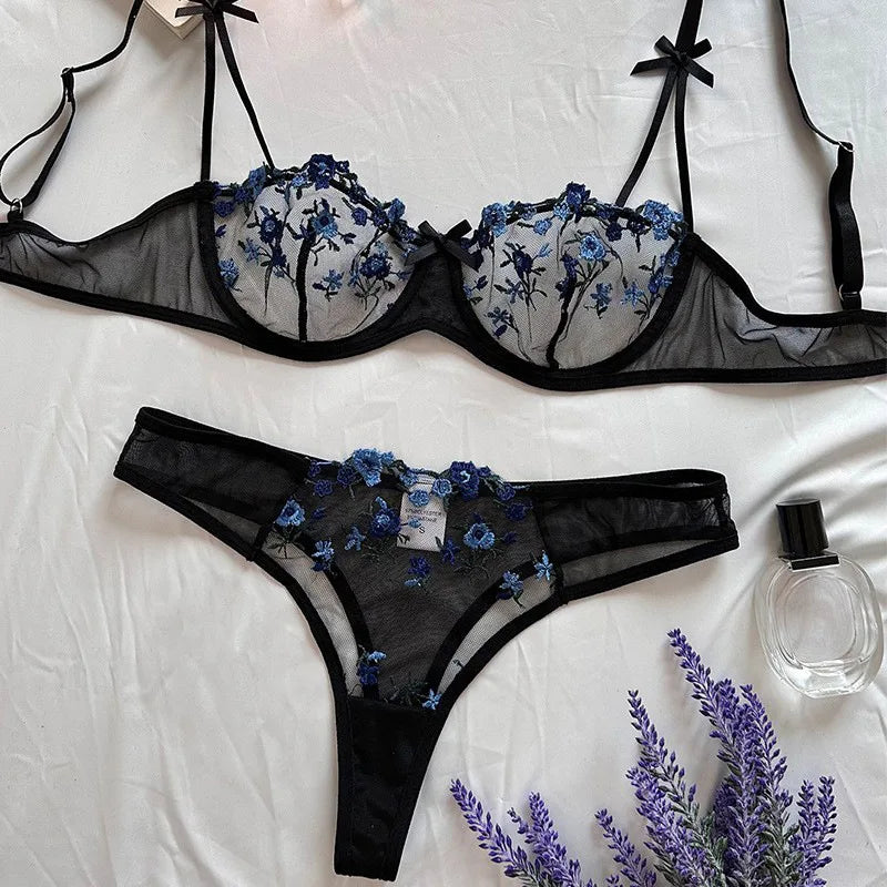 Sexy Lace Floral Lingerie Set for Women — Transparent Bra & Underwear Party Set, Sizes S-XL
