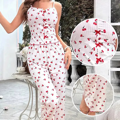 2-Piece Women’s Sexy Mesh Lace Pajama Set – Transparent Ribbed Strap Top & Pants Lounge Sleepwear