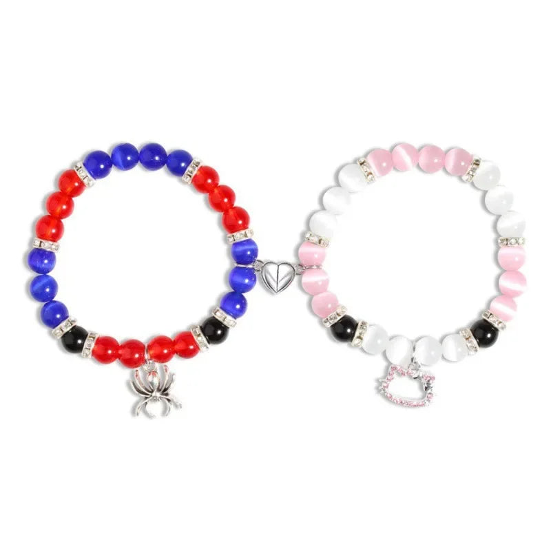 2-Piece Spider Cat Beaded Bracelet Set - Cat Eye Heart Friendship Bracelets with Colorful Beads for Best Friends