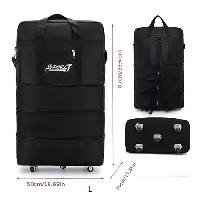 Foldable Trolley Travel Bag with Wheels – Expandable Black Luggage for Men & Women, Ideal for Weekend Trips & Overnight Travel
