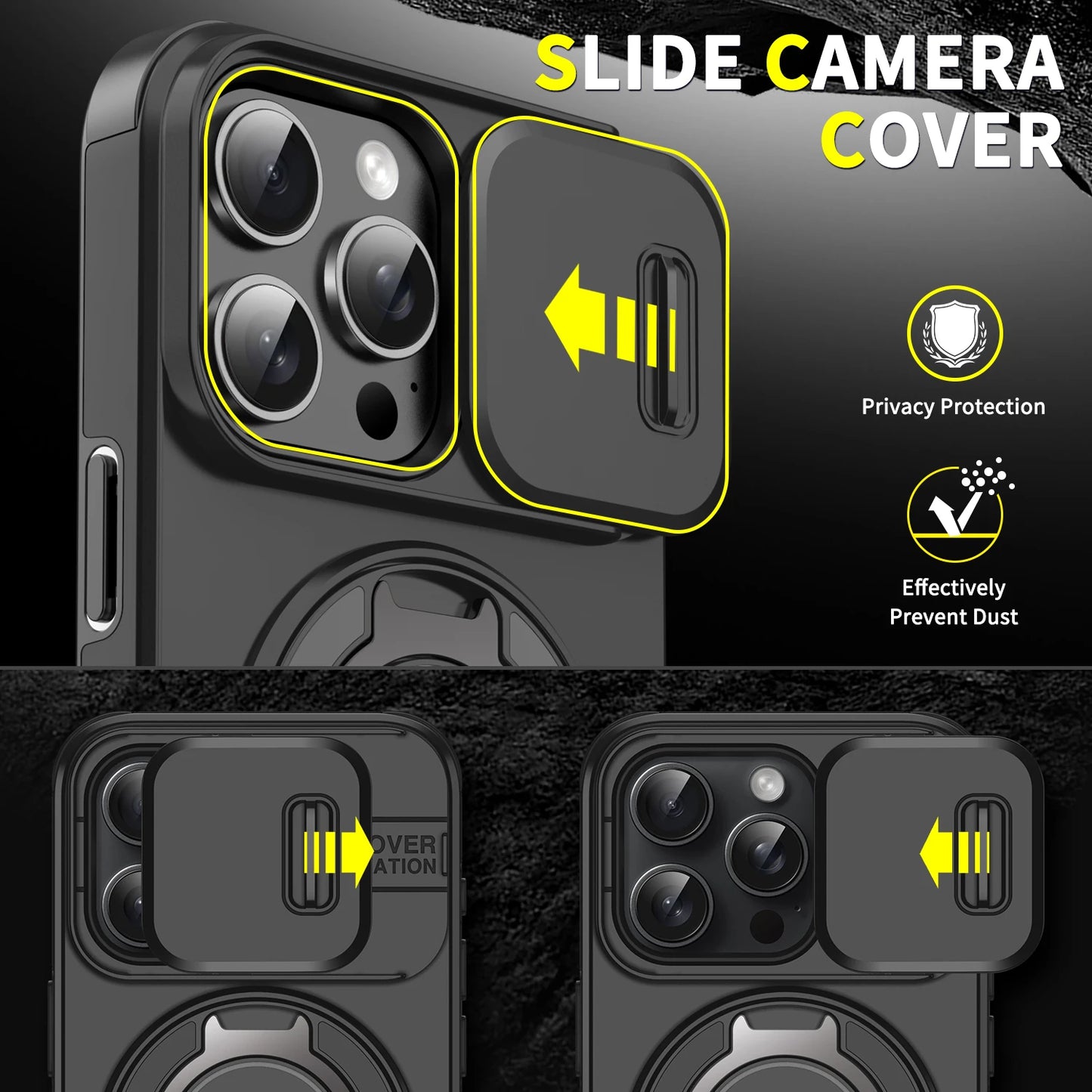 Heavy Duty Rugged Magnetic Ring Stand Case for iPhone 11–16 Pro Max Plus with Slide Camera Protection & MagSafe Compatible Cover