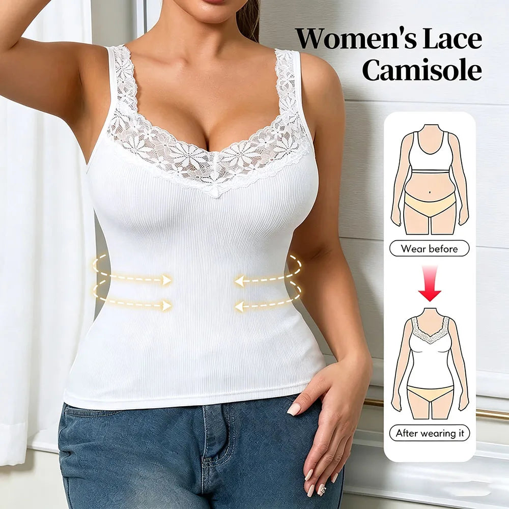 Women's Lace Neckline Seamless Tank Top - Slim Fit Ribbed Knit Sleeveless Camisole for Summer Streetwear