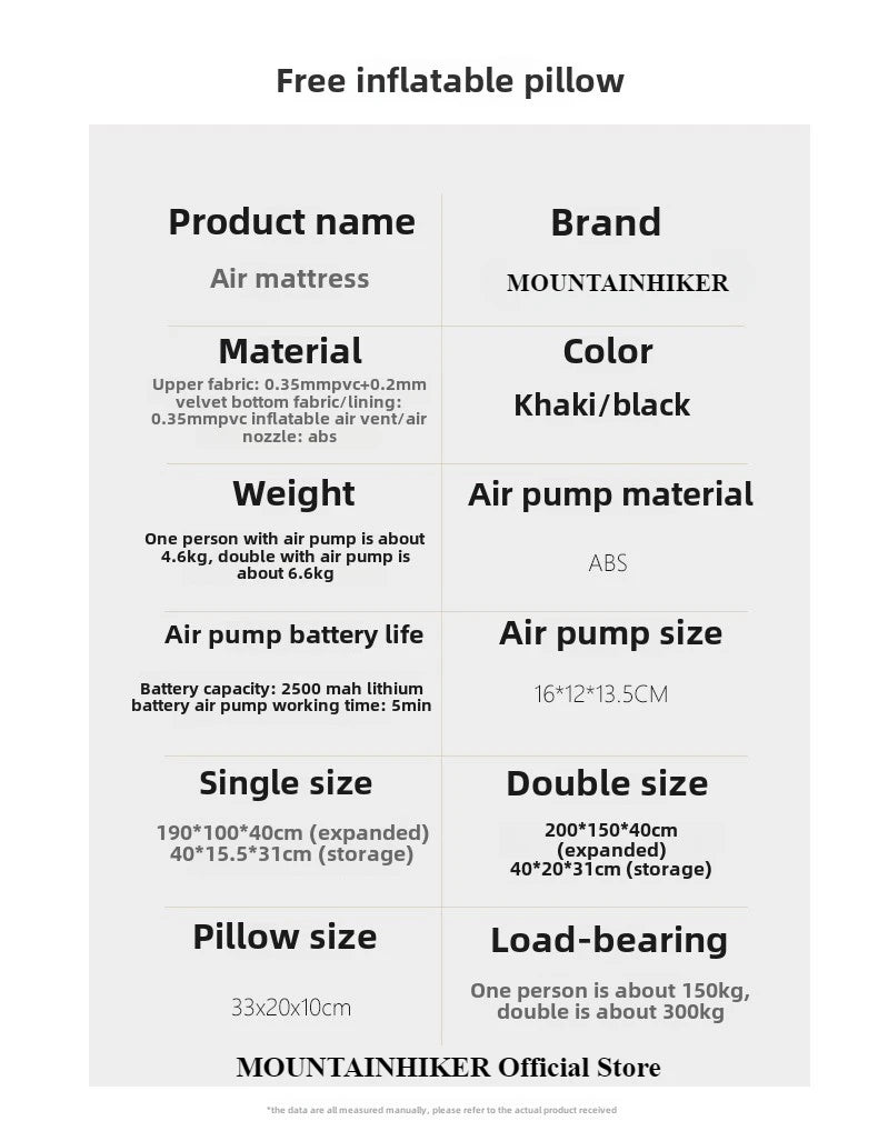MOUNTAINHIKER 2025 Inflatable Air Mattress – PVC Glamping Sleeping Mat with Built-in Pump for 1-3 Persons