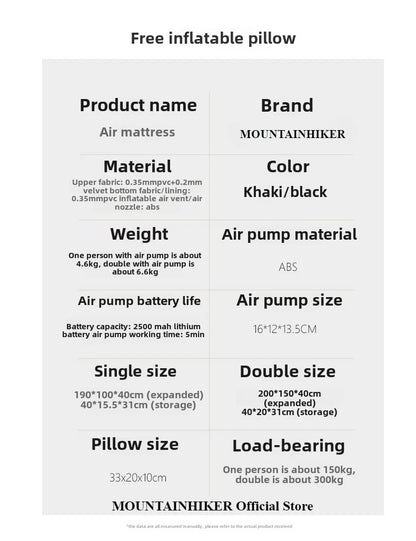 MOUNTAINHIKER 2025 Inflatable Air Mattress – PVC Glamping Sleeping Mat with Built-in Pump for 1-3 Persons