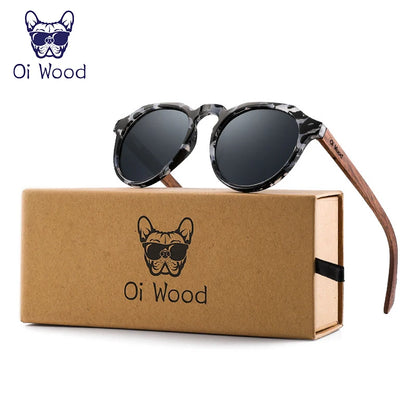 Oi Wood Round Sunglasses — Walnut Wood Frames with Red Lens & Tortoise Shell Design for Men & Women
