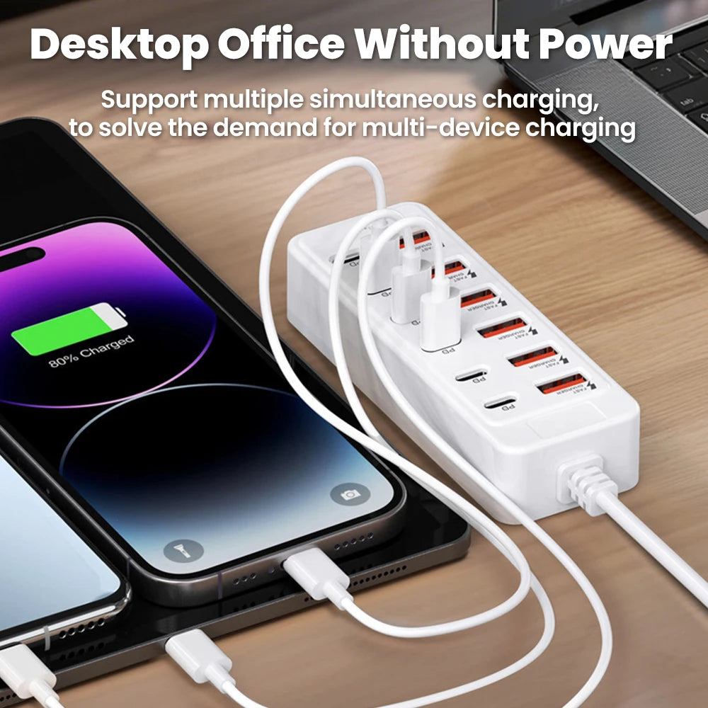 12-in-1 USB Charging Station - Fast Desktop Power Strip with USB Hub Adapter & 1M Cord for Home Office