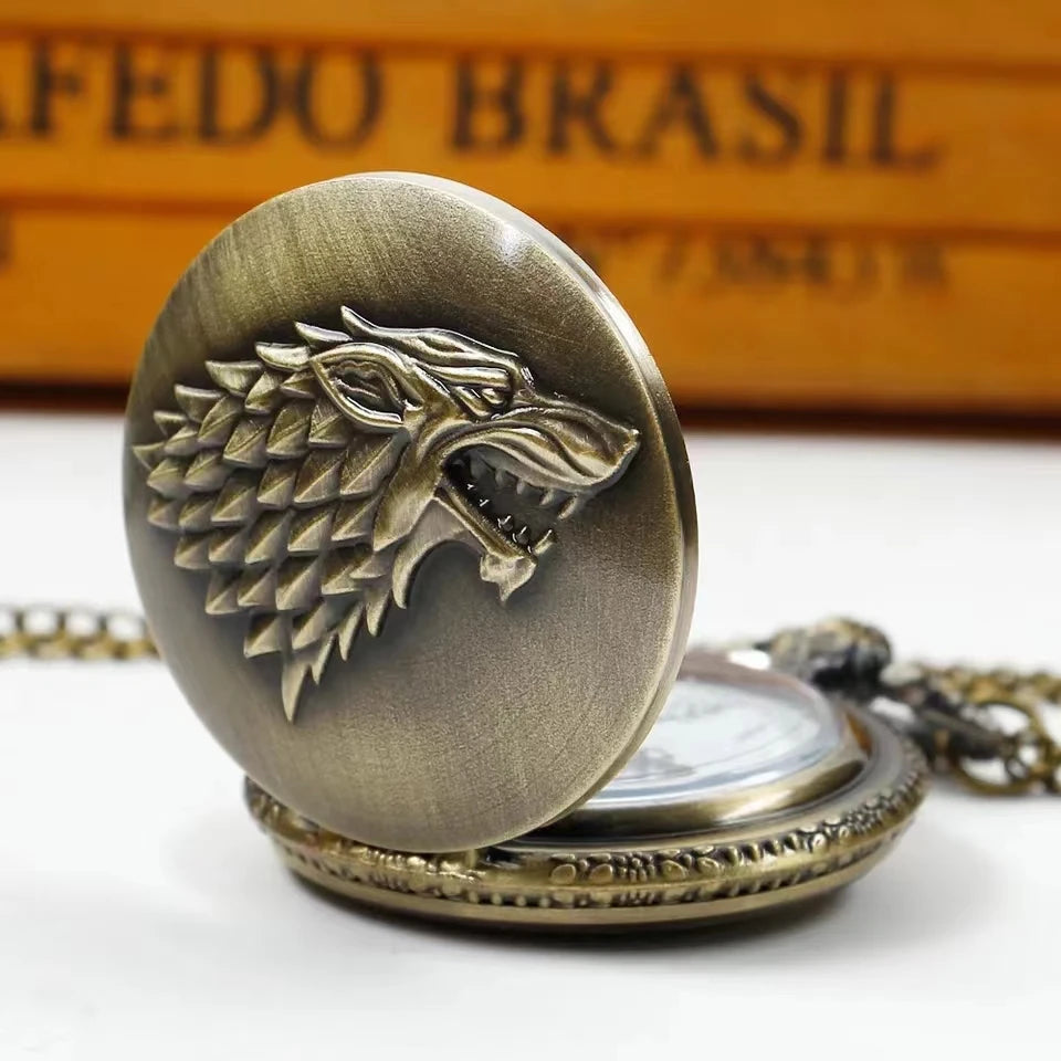 Wolf Head Pocket Watch - 3D Carved Quartz FOB Watch with Arabic Numerals for Men