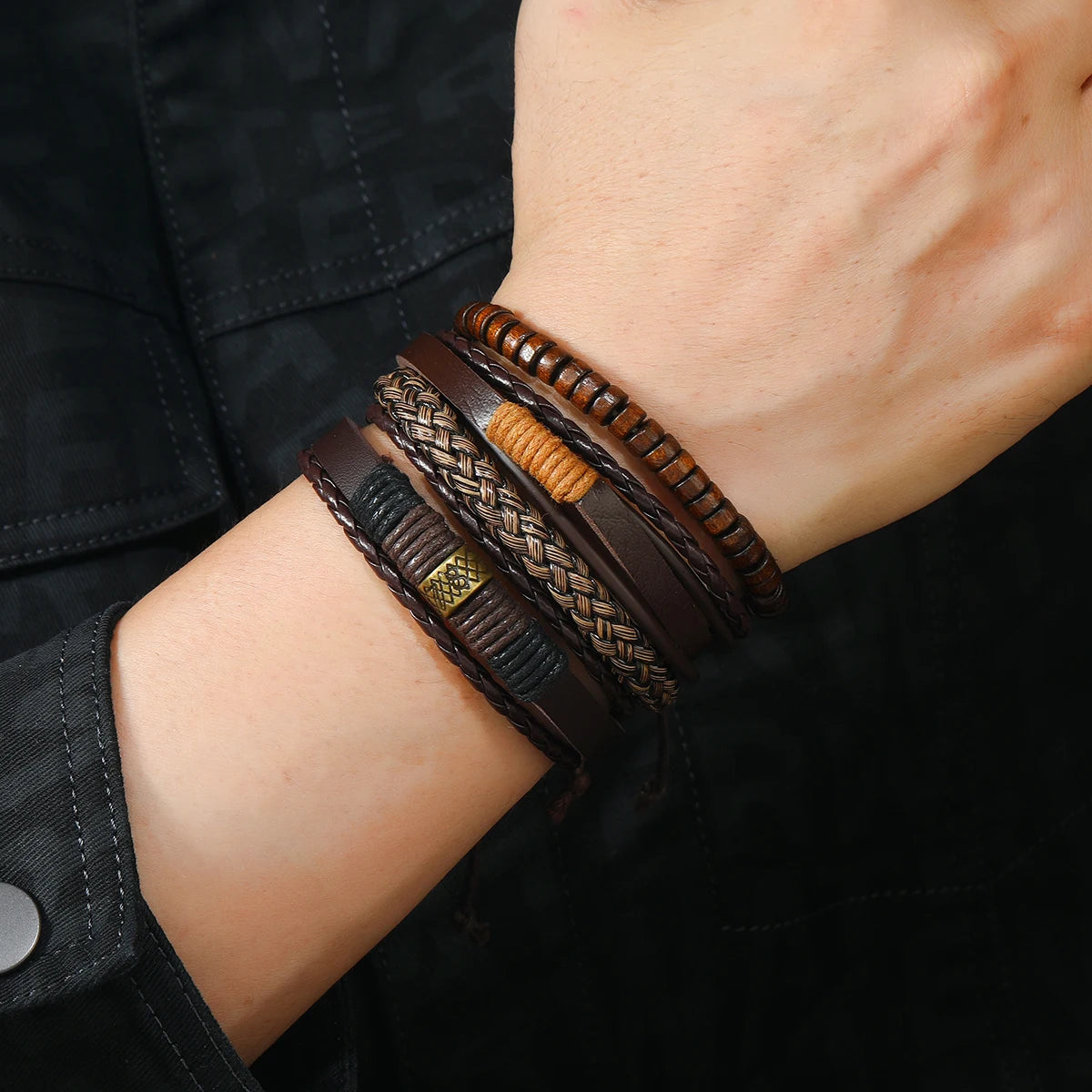 4Pcs Men's Braided Leather Bracelets Set – Vintage Life Tree & Rudder Charms, Wood Beads, Ethnic Tribal Wristbands