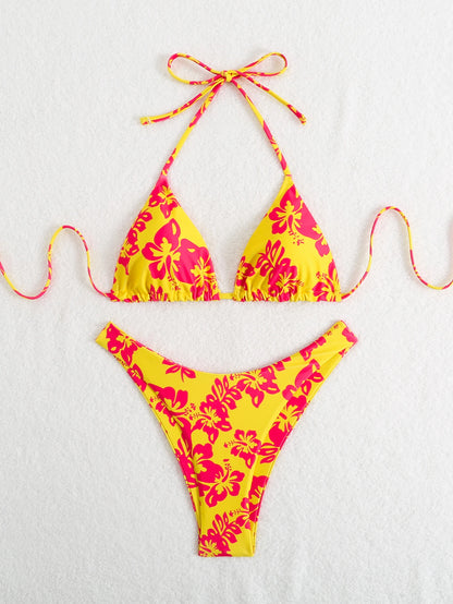 Retro Floral Print Bikini Set - Women's High Waisted Lace Up 2 Piece Summer Swimsuit Beachwear
