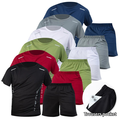 Men’s 2-Piece Summer Sports Set – Quick-Dry Breathable Short Sleeve T-Shirt & Pocket Running Shorts